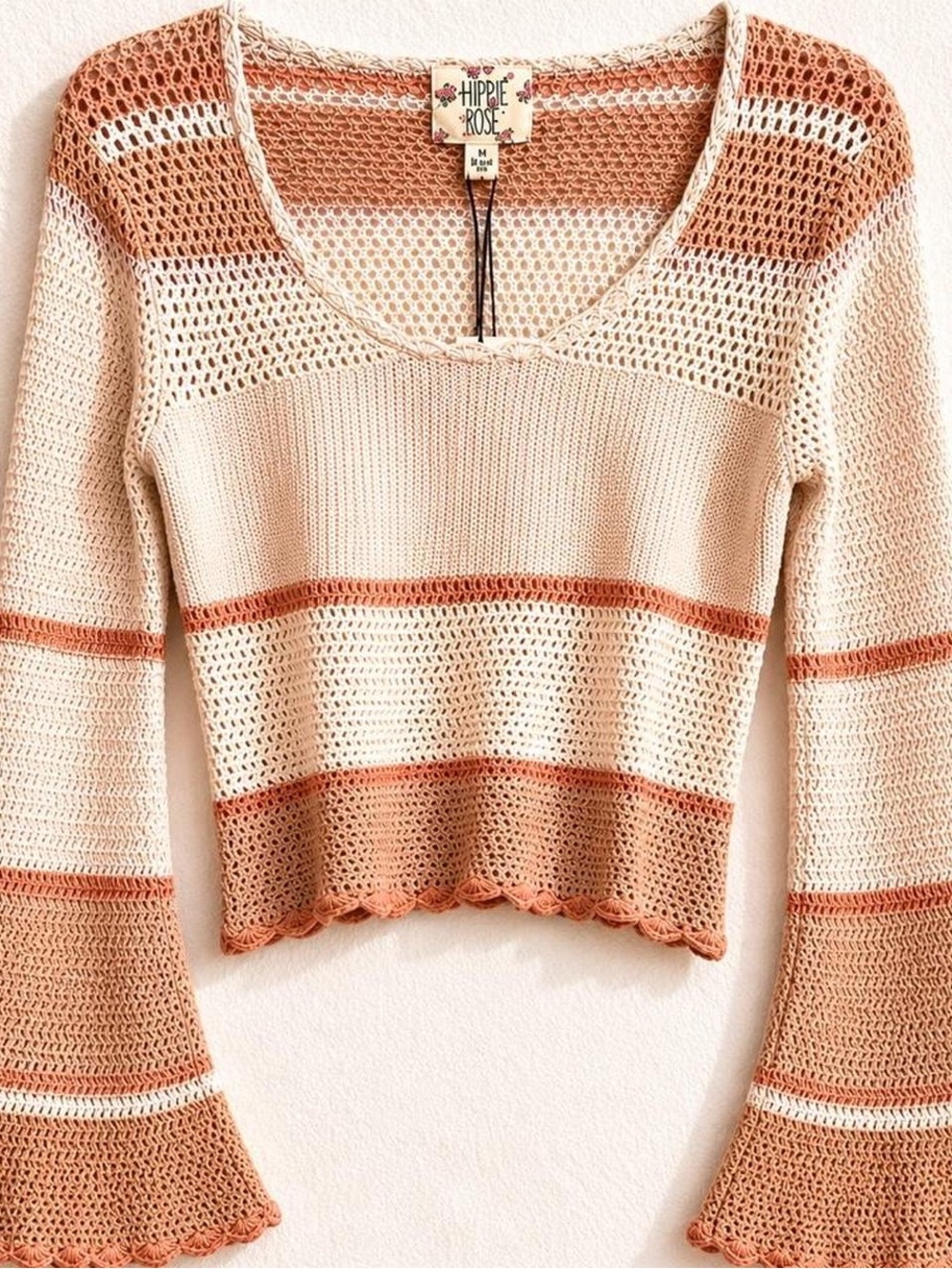 Hippie Rose Cream and Tan Striped Open-Knit Scoop Sweater